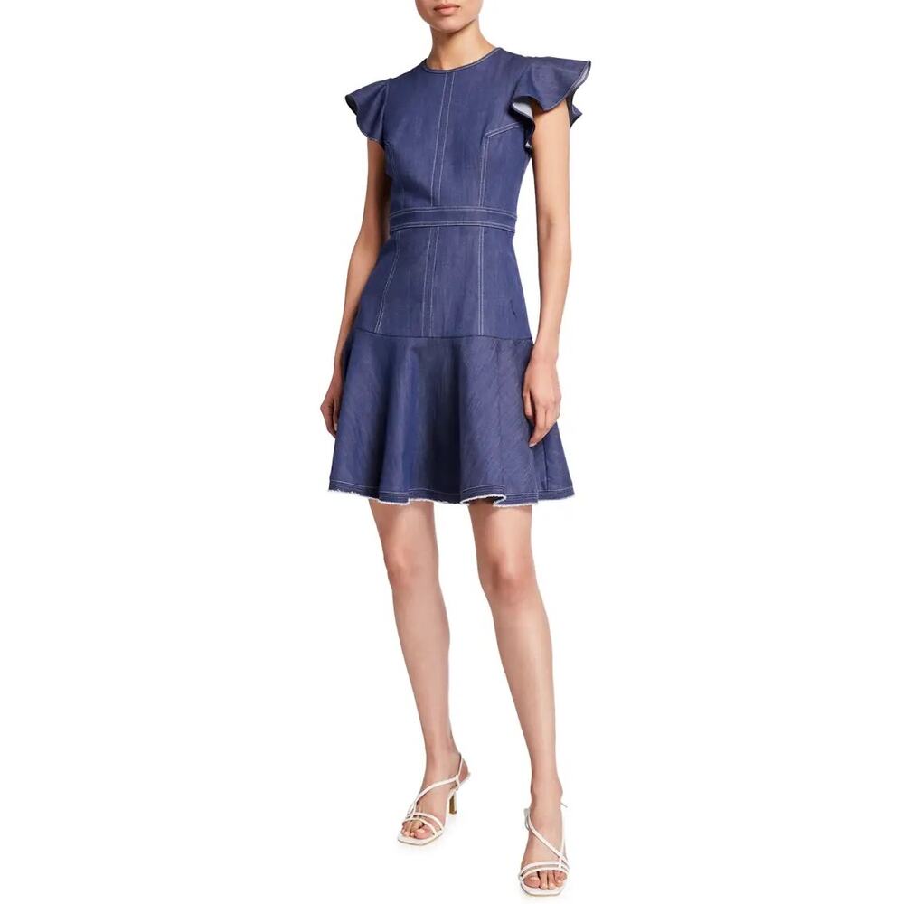 Shoshanna Flounce Mini Fit & Flare Egle Denim Blue Dress Flutter Sleeve size 10